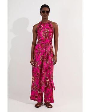 Karen Millen Viscose Floral Print Linen Lace Trim Insert Woven Halter Neck Jumpsuit - Pink