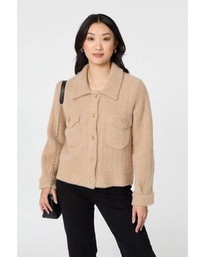 Izabel London Textured Button Front Boxy Shacket - Natural