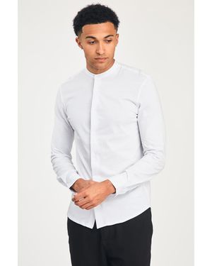 Nines Cotton Long Sleeve Button-Up Shirt With Grandad Collar - White
