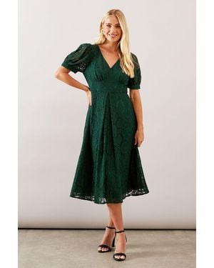 Wallis Petite Lace V Neck Tea Midi Dress - Green