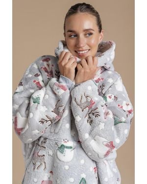 Tokyo Laundry Christmas Print Sherpa Hooded Blanket - Grey