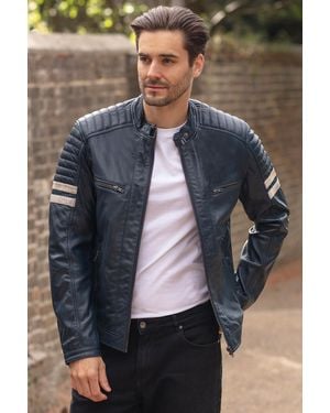 Ashwood Leather 'Nova2' Real Biker Jacket With Stitch Detailings - Blue