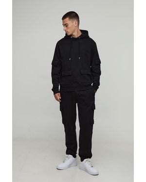 BoohooMAN Regular Fit Cargo Hooded Panelled Tracksuit - Black