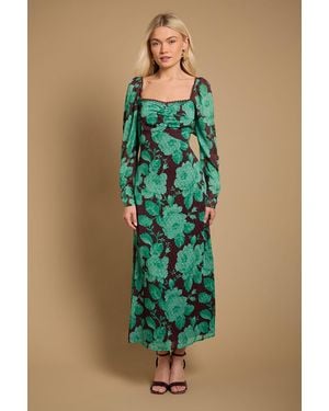 Oasis Printed Chiffon Shoulder Detail Shirred Back Midi Dress - Green
