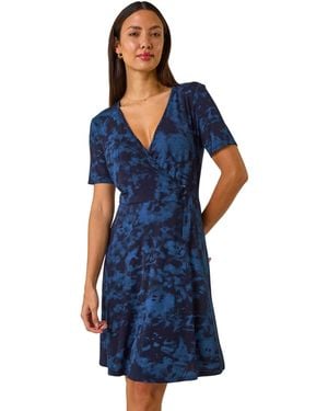 Roman Stretch Tie Dye Buckle Wrap Dress - Blue