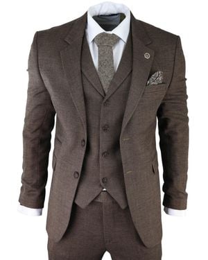 TruClothing 3 Piece Tweed Herringbone Suit Peaky Blinders Classic Tailored Canvas - Brown