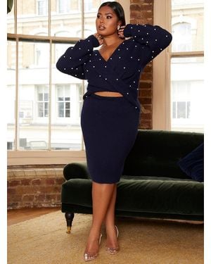 Chi Chi London Plus Size Pearl Detail Twist Front Knitted Midi Dress - Black