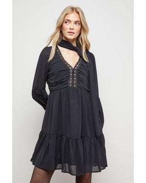 Oasis Ruched Bow Tie Mini Dress With Stud Trim - Blue