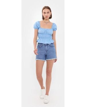 Hiccup Square-Neck Short Sleeve Peplum Top - Blue