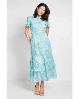 Wallis Floral Burn Out Ruffle Midi Dress - Blue