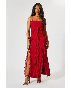 MissPap Square Neck Frill Low Back Maxi Dress - Red