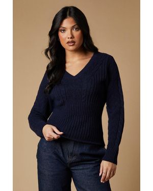 Oasis Pointelle And Cable Peplum V Neck Jumper - Blue