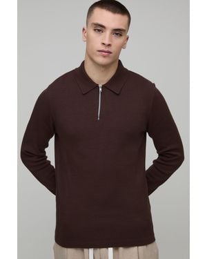 BoohooMAN Muscle Fit Soft Touch Long Sleeve 1/4 Zip Knitted Polo - Brown
