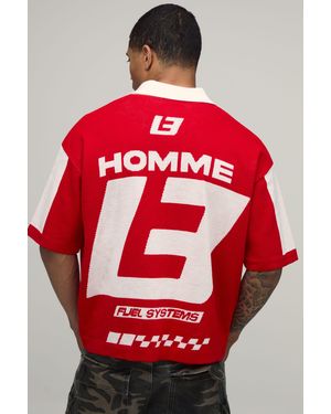 BoohooMAN Oversized Boxy Moto Jacquard Knitted Polo - Red
