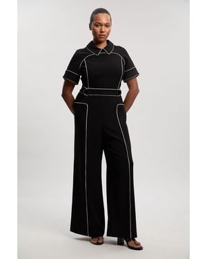 Karen Millen Plus Size Compact Stretch Contrast Tipped Tab Detail Tailored Jumpsuit - Black