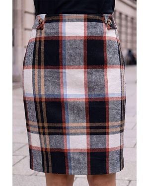 Roman Button Tab Brush Check Skirt - Black