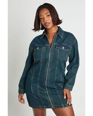 Boohoo Plus Denim Zip Up Shift Dress - Blue