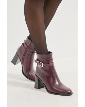 Wallis Melisssa Faux Leather Buckle Detail Round Toe High Block Heel Ankle Boots - Red