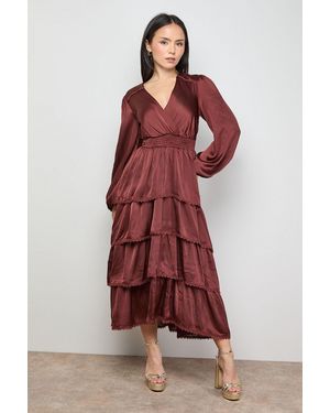 Oasis Petite Ruffle Tiered Balloon Sleeve High Low Hem Midi Dress
