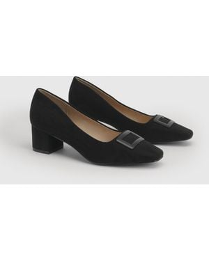 Wallis Danny Faux Suede Square Toe Covered Buckle Medium Block Heel Court Shoes - Black