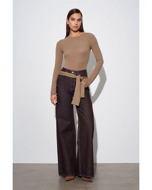 Dilvin Ribbed Boat Neck Long-Sleeve Blouse - Natural