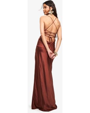 Boohoo Satin Cross Back Maxi Slip Dress - Brown