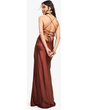 Boohoo Satin Cross Back Maxi Slip Dress - Brown