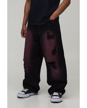 BoohooMAN Tinted Rip & Repair Baggy Fit Jeans Cotton - Black