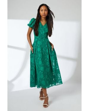 PRINCIPLES Floral Jacquard Puff Sleeve Midi Dress - Green