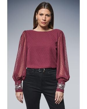 Wallis Occasion Dobby Embellished Cuff Blouse - Red