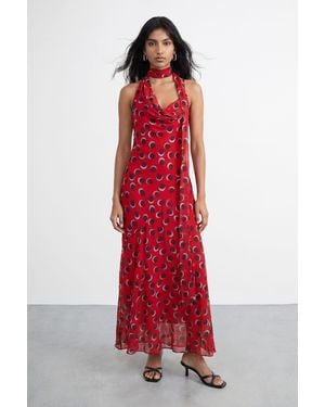 Warehouse Petite Premium Polka Dot Tie Neck Cowl Dress - Red