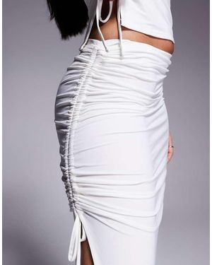 Kaiia Exclusive Double Layered Slinky Gathered Tie Side Thigh Split Maxi Skirt Co-Ord - White