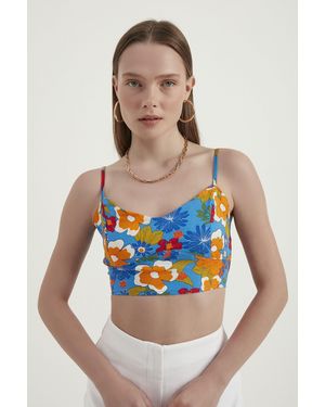 Hiccup Floral Sweetheart Neck Sleeveless Crop Top - Blue