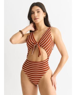 Gini London Rust & Stripe Textured Tie Front Swimsuit - Brown