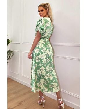 AX Paris Floral Printed Short Puff Sleeve Gathered Side Midi Dress - Green