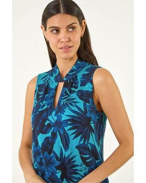 Roman Floral Keyhole Hanky Hem Top - Blue