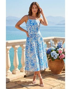 Roman Petite Floral Strappy Drop Waist Dress - Blue