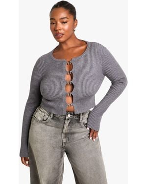 Boohoo Plus Hook Detail Rib Cardigan - Grey