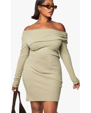 Boohoo Plus Soft Rib Asymmetric Ruched Bodycon Dress - Natural