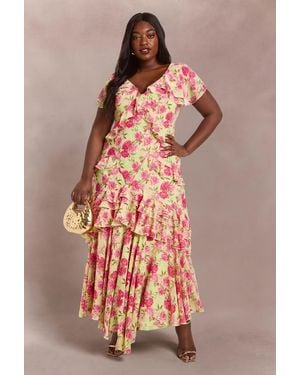Boohoo Plus Dobby Chiffon Floral Frill Detail Maxi Dress - Green