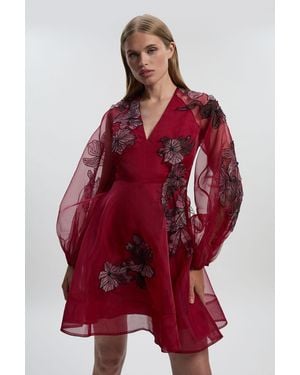 Karen Millen Applique Organdie Woven Balloon Sleeve Mini Dress - Red