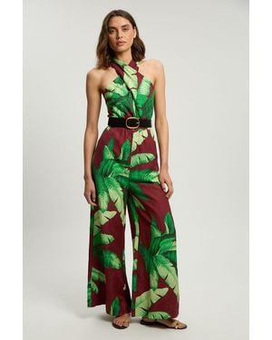 Karen Millen Viscose Linen Palm Tree Belted Halterneck Woven Jumpsuit - Green