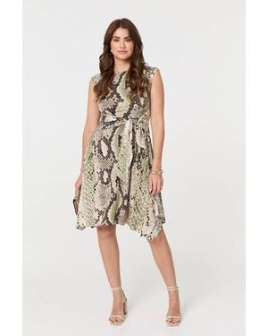 Izabel London Snake Print Boat Neck Hanky Hem Short Dress - Natural