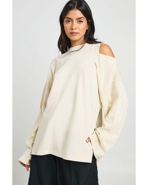 Boohoo Heavy Cotton Oversized T-Shirt With Cold Shoulder - Natural