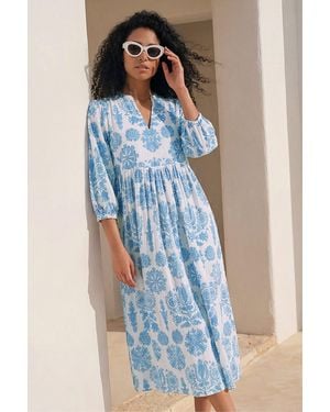 Roman V-Neck Floral Shirt Dress - Blue