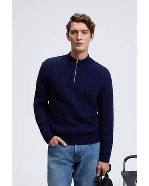 Grimelange Cable Knit Zipper Collar Jumper - Blue
