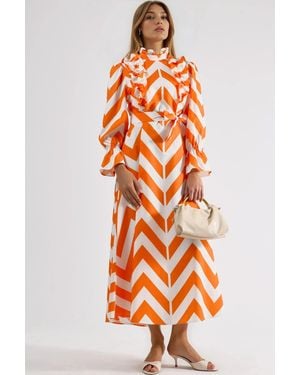 Msn-Collection Geometric Frilly Maxi Dress With Half Turtleneck - Orange