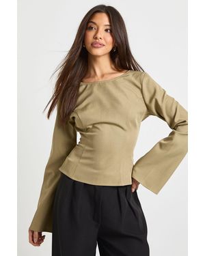 Boohoo Slash Neck Flare Sleeve Top - Natural
