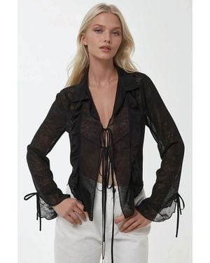 Hiccup V-Neck Tie-Detail Long Sleeve Ruffle Blouse With Bow - Black