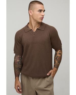 BoohooMAN Regular Fit Raglan Ribbed Knitted Polo - Brown